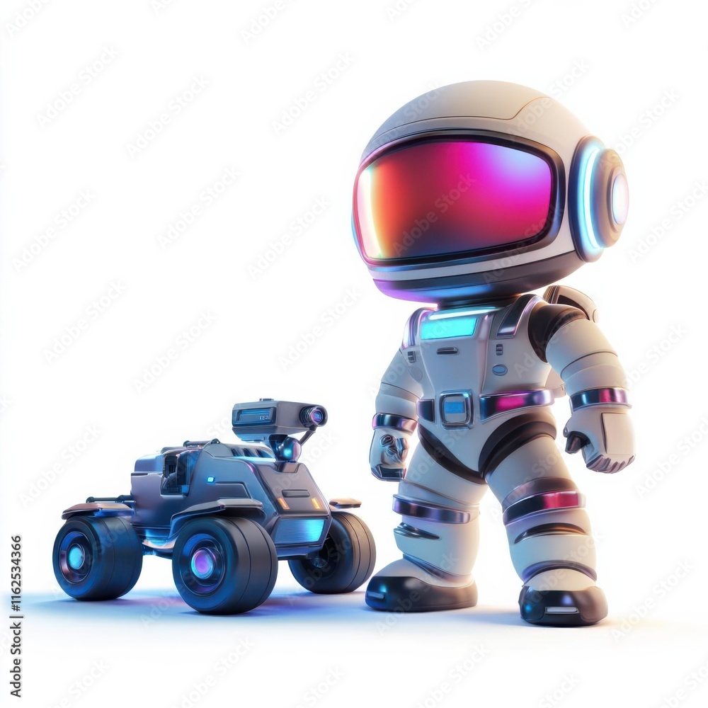 A futuristic astronaut figure stands beside a robotic vehicle in a vibrant, sci-fi setting. A futuristic astronaut figure stands beside a robotic vehicle in a vibrant, sci-fi setting.