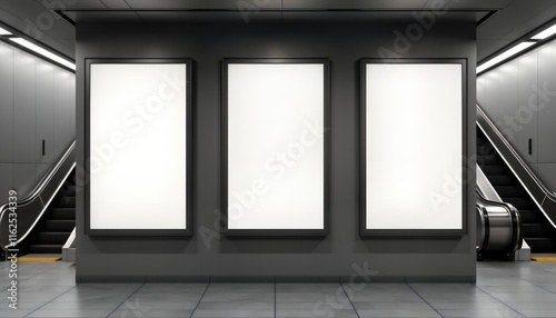 Three large vertical blank posters in a metro station. Metro escalators in the background. Modern design for advertising. Blank space for graphics or ads. Great for marketing campaigns.