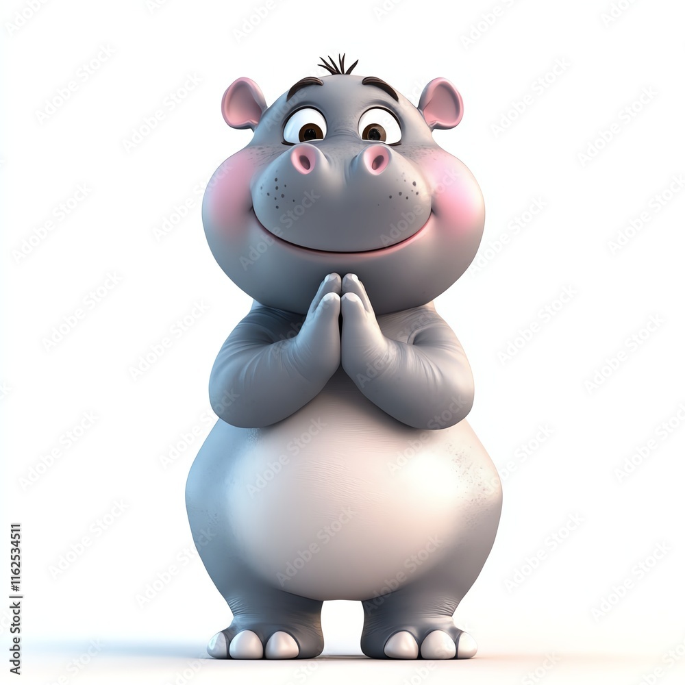 Happy cartoon hippopotamus with clasped hands on a white isolated background. Happy cartoon hippopotamus with clasped hands on a white isolated background.