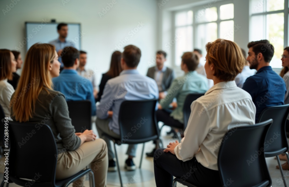 Group of people attend workshop at medical institution. Participants seated in circle. Speaker in front of group. Medical staff likely facilitates learning session. Attendees look focused. Group of people attend workshop at medical institution. Participants seated in circle. Speaker in front of group. Medical staff likely facilitates learning session. Attendees look focused.