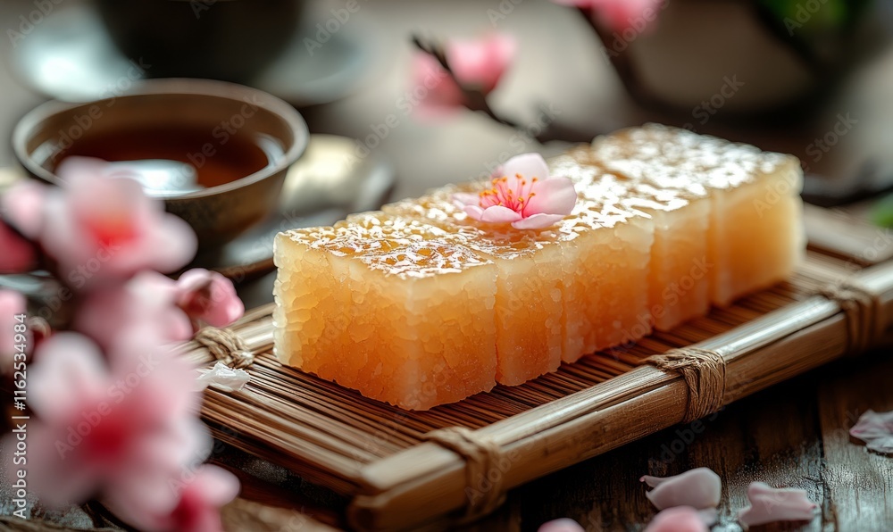 Delicate Dessert Display of Glazed Jelly Dessert Adorned with Cherry Blossom Petals Delicate Dessert Display of Glazed Jelly Dessert Adorned with Cherry Blossom Petals