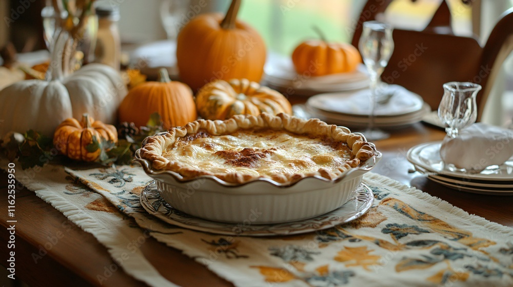 Autumn-inspired chicken potpie with cinnamon and nutmeg hints, isolated on a table adorned with decorative gourds Autumn-inspired chicken potpie with cinnamon and nutmeg hints, isolated on a table adorned with decorative gourds