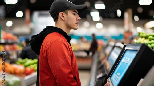 Young man in red jacket at grocery store self checkout kiosk, engaged with screen while surrounded by vibrant produce and fresh fruits, creating lively shopping atmosphere.