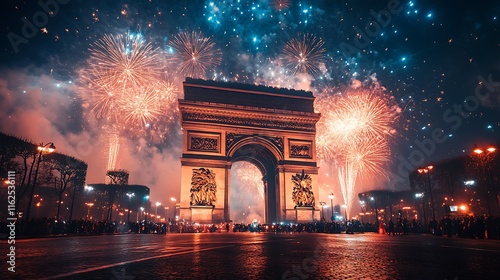 New year's eve fireworks celebration at arc de triomphe paris