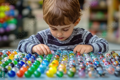 Child exploring colorful marbles in bright playroom during daytime activity