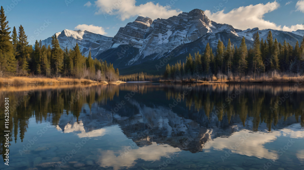 Fototapeta premium Mountain Landscape, Mountain lake reflecting snowy peaks and forests in stunning natural landscape, Mountains in the Bow River, Nature Background