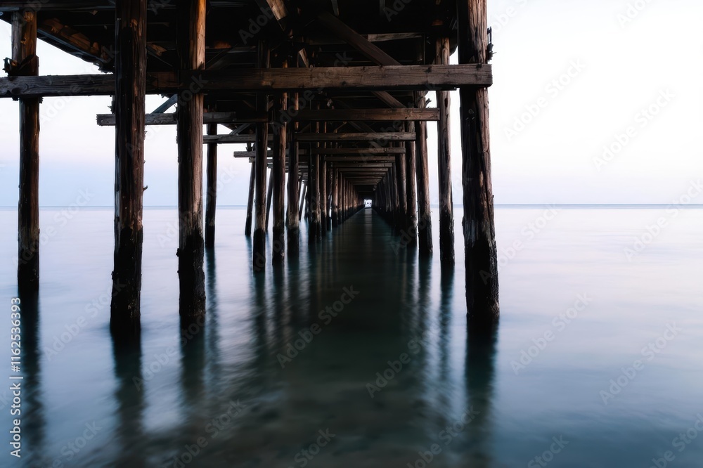 Calm ocean water beneath a wooden pier Calm ocean water beneath a wooden pier