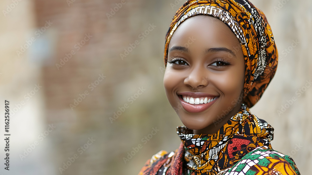 Fototapeta premium Smiling young woman dressed in traditional African attire and headscarf -
