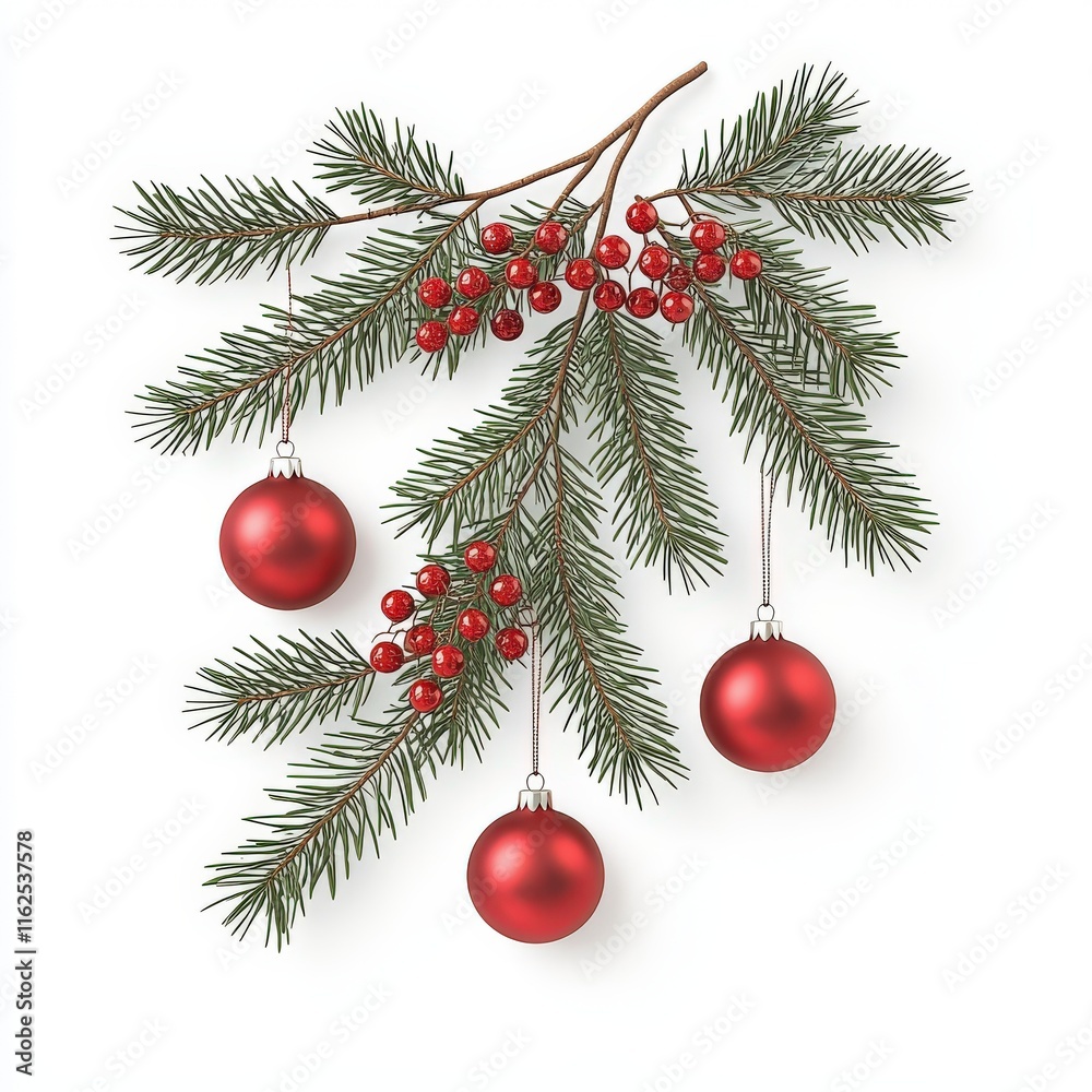 A beautiful arrangement of pine branches adorned with red berries and Christmas ornaments, perfect for holiday decorations. A beautiful arrangement of pine branches adorned with red berries and Christmas ornaments, perfect for holiday decorations.