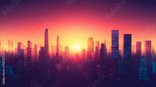 Stunning Cityscape at Sunset with Skyscrapers and Vibrant Skyline, Copyspace for Text or Graphics -