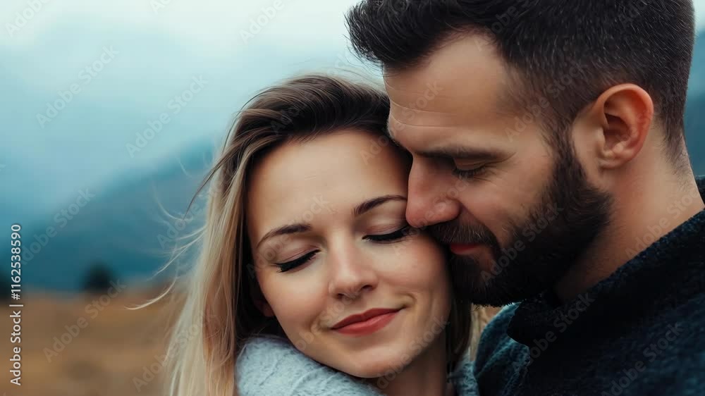 Couple Embraces in Serene Outdoor Landscape, Showcasing Love, Connection, and Joy Amidst Natures Beauty and Tranquility. Couple Embraces in Serene Outdoor Landscape, Showcasing Love, Connection, and Joy Amidst Natures Beauty and Tranquility.