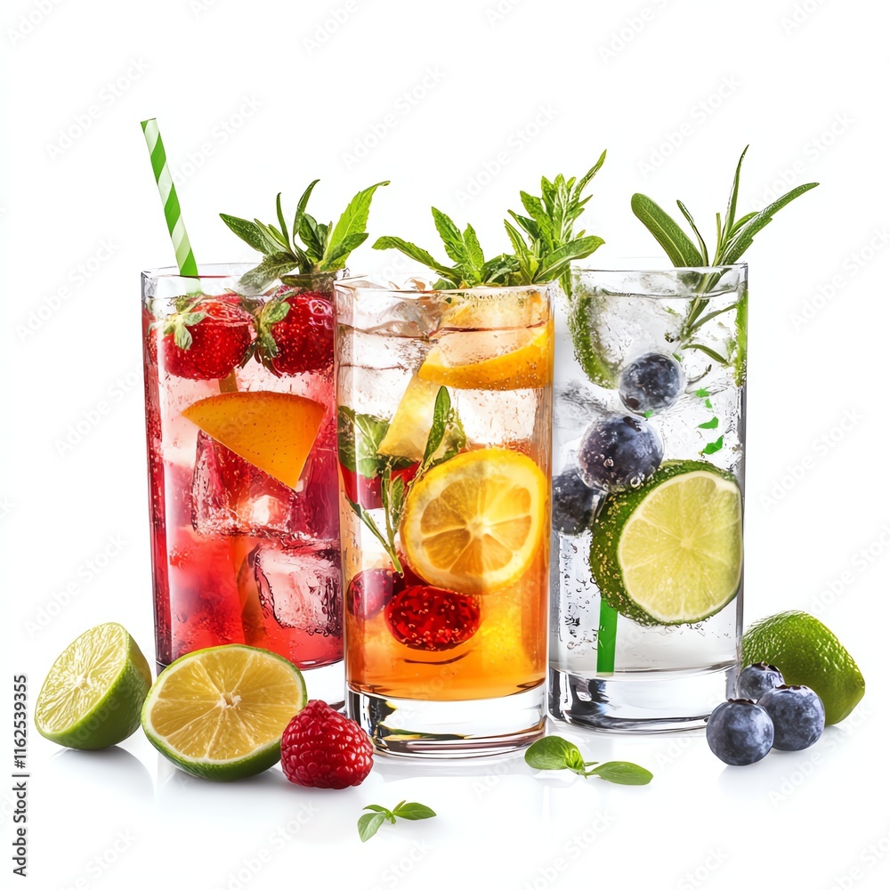 Refreshing cocktails with fruits and herbs on a white isolated background.