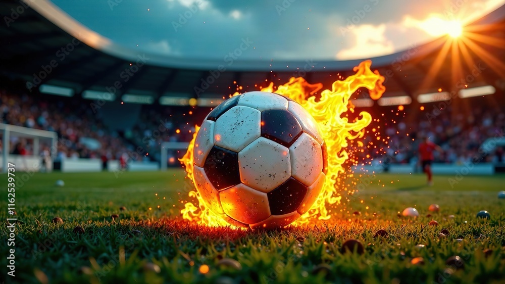 Naklejka premium Fiery Soccer Ball, Explosive Energy, Sports Passion, Field Flames, Dynamic Action, Intense Atmosphere
