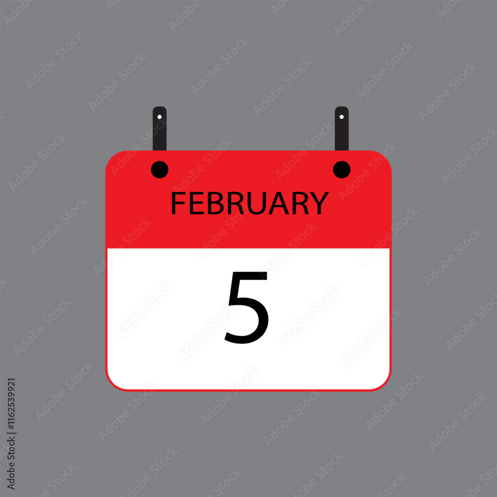 Calendar icon with February 5th date on grey background. Vector schedule symbol. Calendar icon with February 5th date on grey background. Vector schedule symbol.