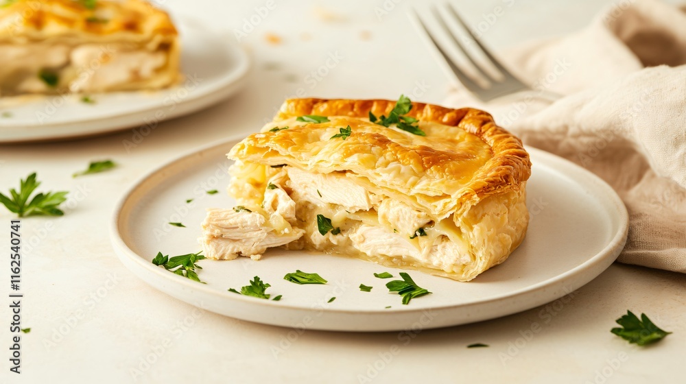 Sliced chicken potpie with creamy filling spilling out, isolated on a warm beige background with decorative napkins and a fork Sliced chicken potpie with creamy filling spilling out, isolated on a warm beige background with decorative napkins and a fork