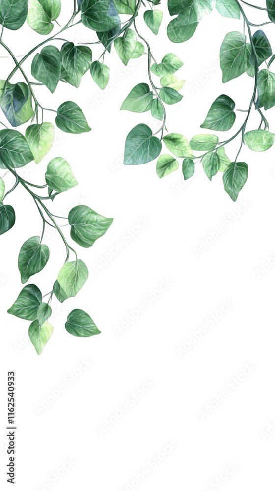 Obraz premium Watercolor painting of green leaves branches hanging on transparent background, perfect for nature-themed designs