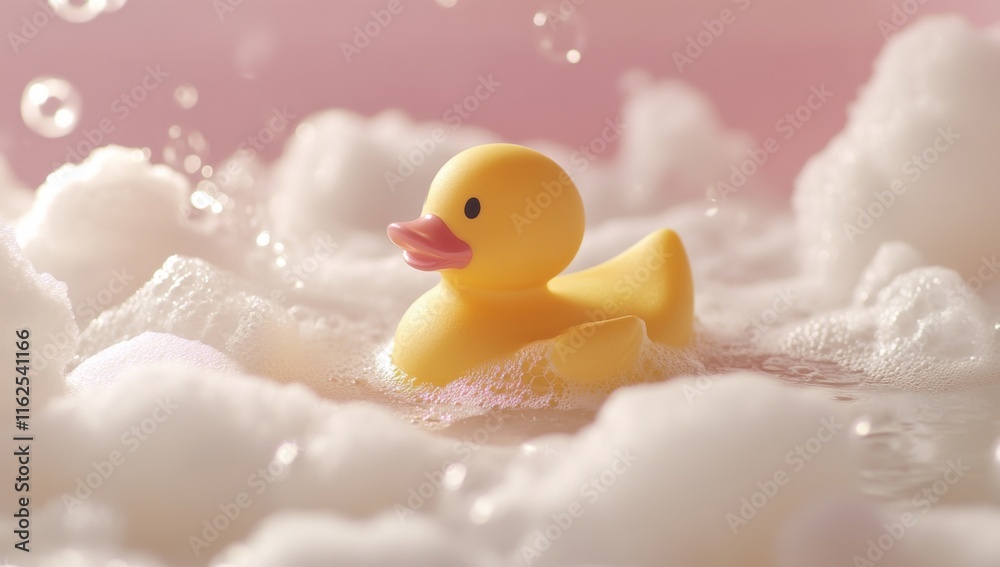 Yellow rubber duck floating in foamy bathtub, soft light highlighting playful bubbles and vibrant colors