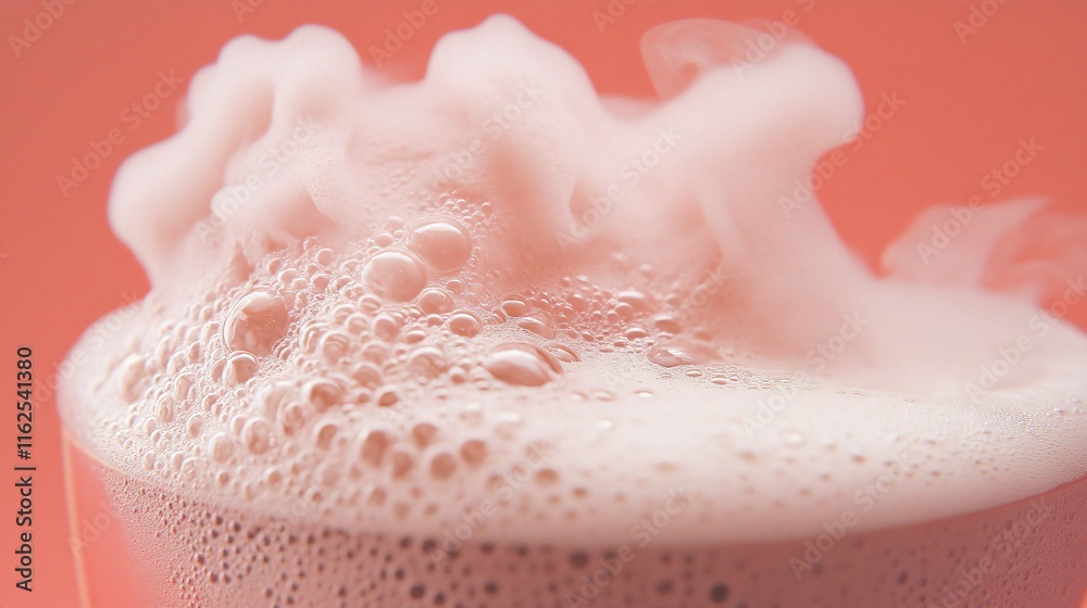 Fototapeta premium Closeup of Creamy Foam Bubbles, Pastel Pink Background, Abstract Texture