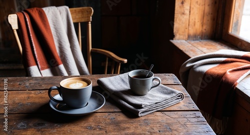 Rustic table hosting a coffee cup with a warm blanket draped over a chair nearby photo