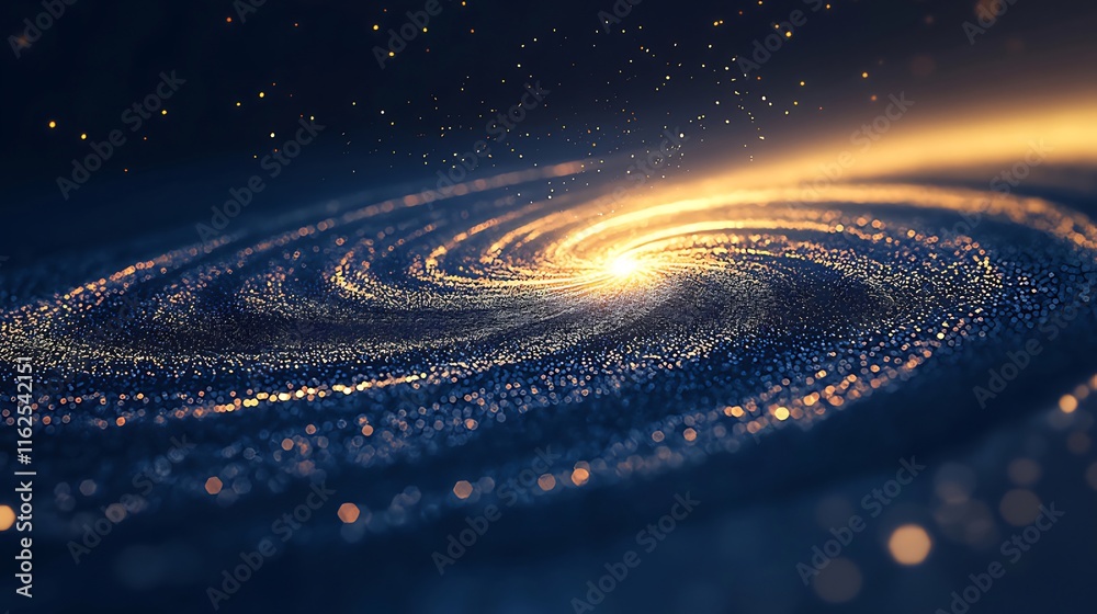 Abstract swirling galaxy with gold and blue particles, cosmic background. Abstract swirling galaxy with gold and blue particles, cosmic background.