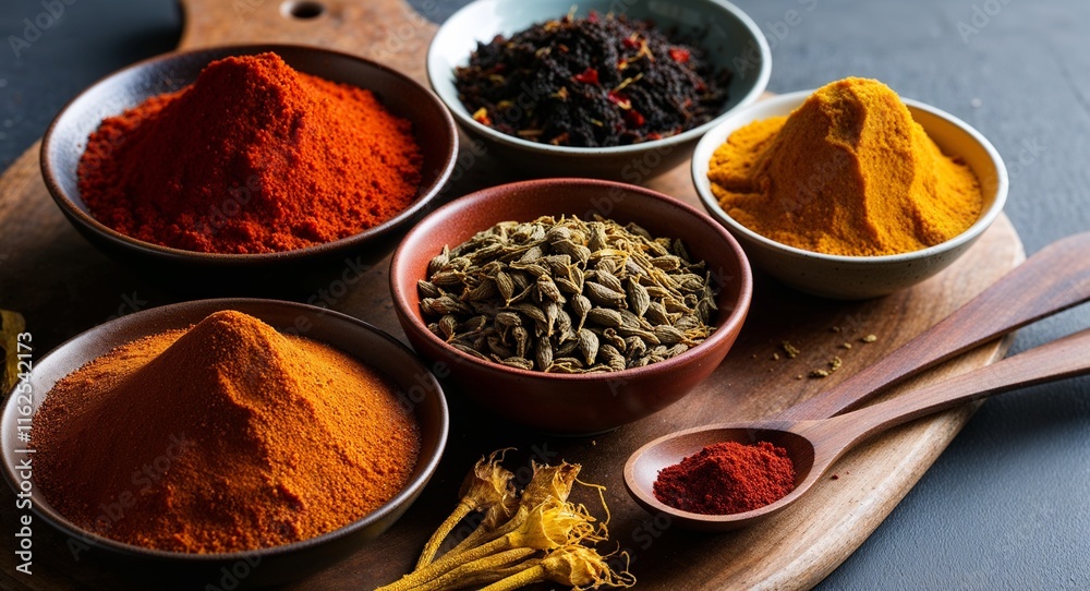 Spices like paprika and saffron in bowls highlighting their rich hues Spices like paprika and saffron in bowls highlighting their rich hues