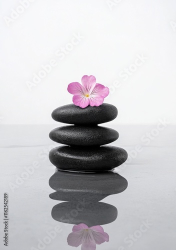 Stacked black stones with pink flower and water reflection on white background, spa and wellness relaxation concept