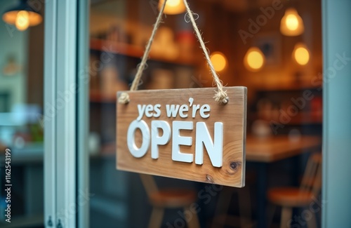 Wooden sign yes open hangs on cafe door. Business open. Customers come in. Inside cafe blurred background. Cafe ready to welcome clients. Cozy, comfortable atmosphere. Warm interior decor. Likely