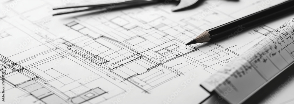 Construction blueprints with building blocks, bricks, and tools. Miniature house model. Symbolizes home improvement and architectural design. Construction blueprints with building blocks, bricks, and tools. Miniature house model. Symbolizes home improvement and architectural design.