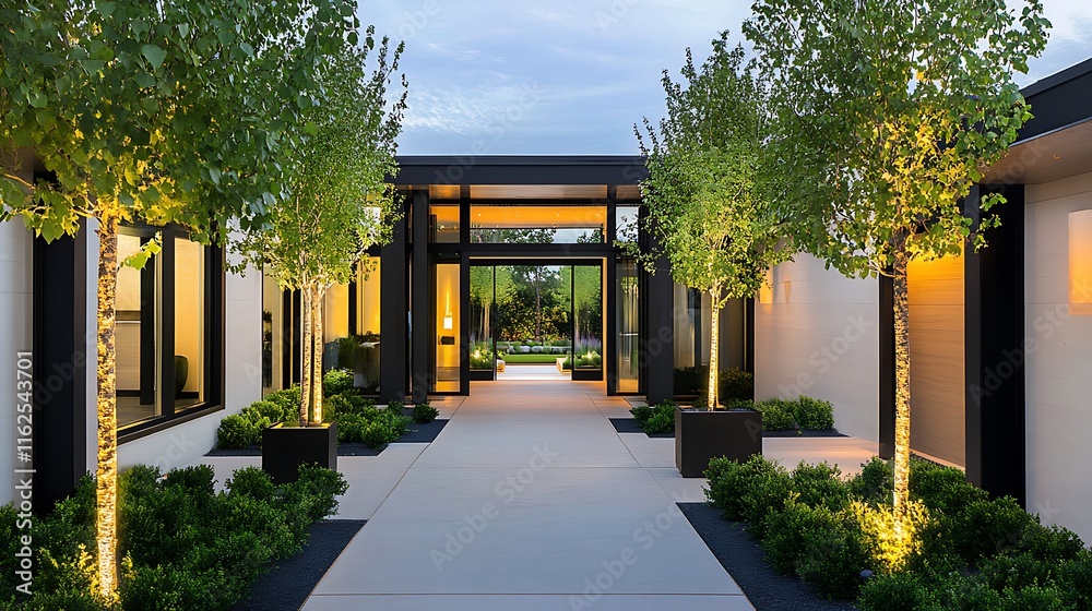 Obraz premium Modern Home Entrance with Illuminated Landscaping