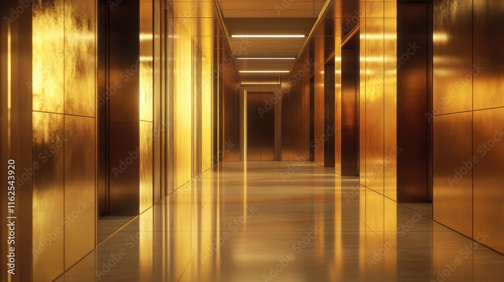 Modern Golden Corridor with Glossy Walls and Bright Lighting Effects Modern Golden Corridor with Glossy Walls and Bright Lighting Effects