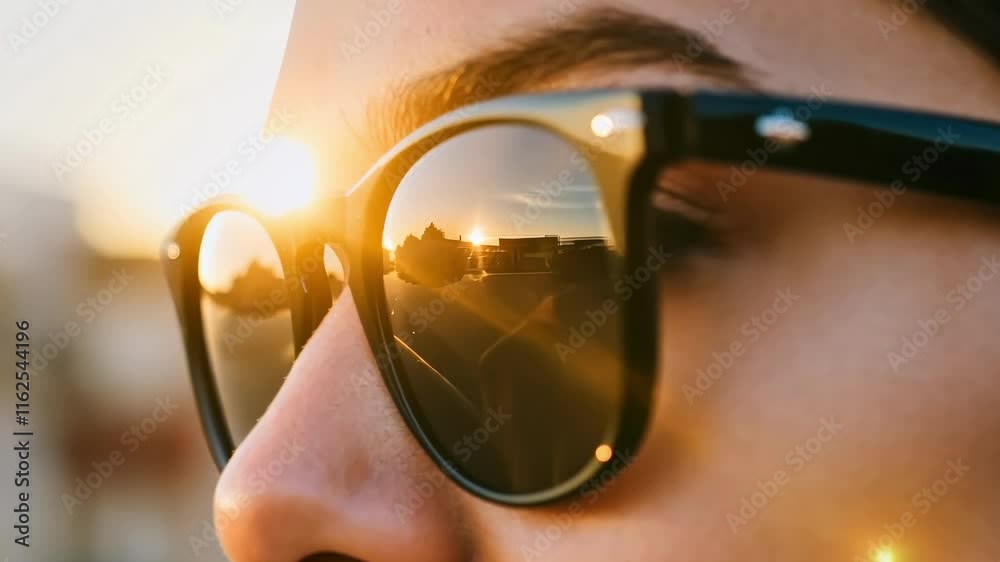 Sunset reflection on sunglasses capturing serene urban landscape Sunset reflection on sunglasses capturing serene urban landscape