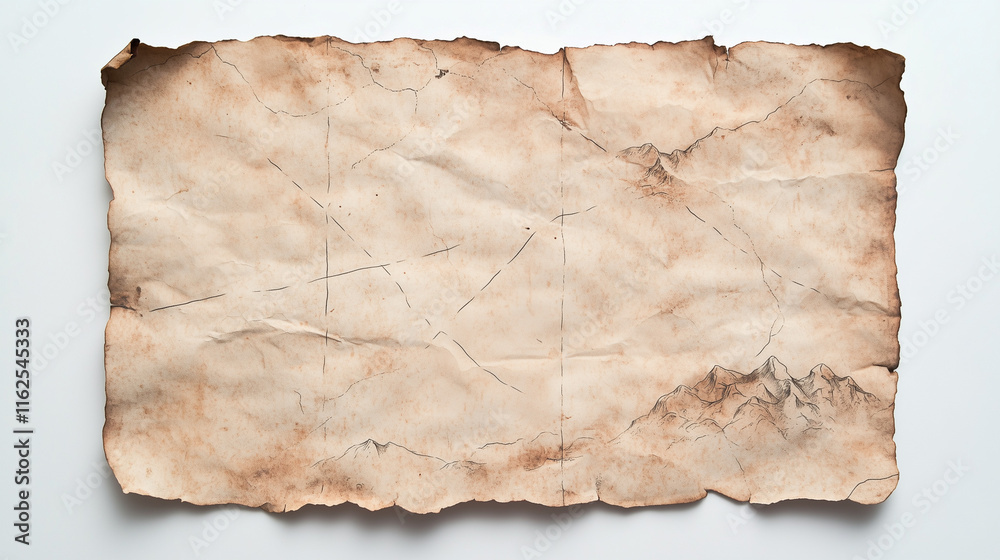 Fototapeta premium An intriguing old treasure map featuring rugged mountains and a winding path. The aged parchment evoke a sense of adventure and mystery, inviting exploration and discovery.