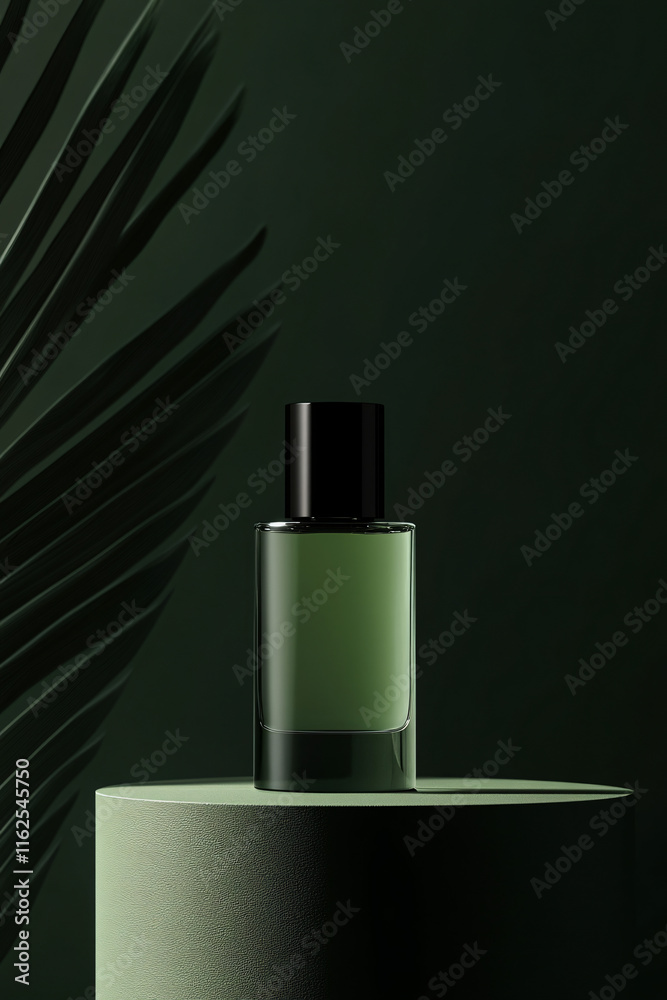 sleek clean green perfume bottle mockup with palm plant shadows sleek clean green perfume bottle mockup with palm plant shadows
