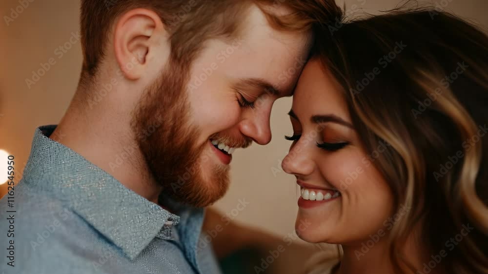Couple Smiling in Warm, Romantic Setting Embracing Love and Affection, Sharing Intimacy and Happiness in Close Up Moment of Connection. Couple Smiling in Warm, Romantic Setting Embracing Love and Affection, Sharing Intimacy and Happiness in Close Up Moment of Connection.