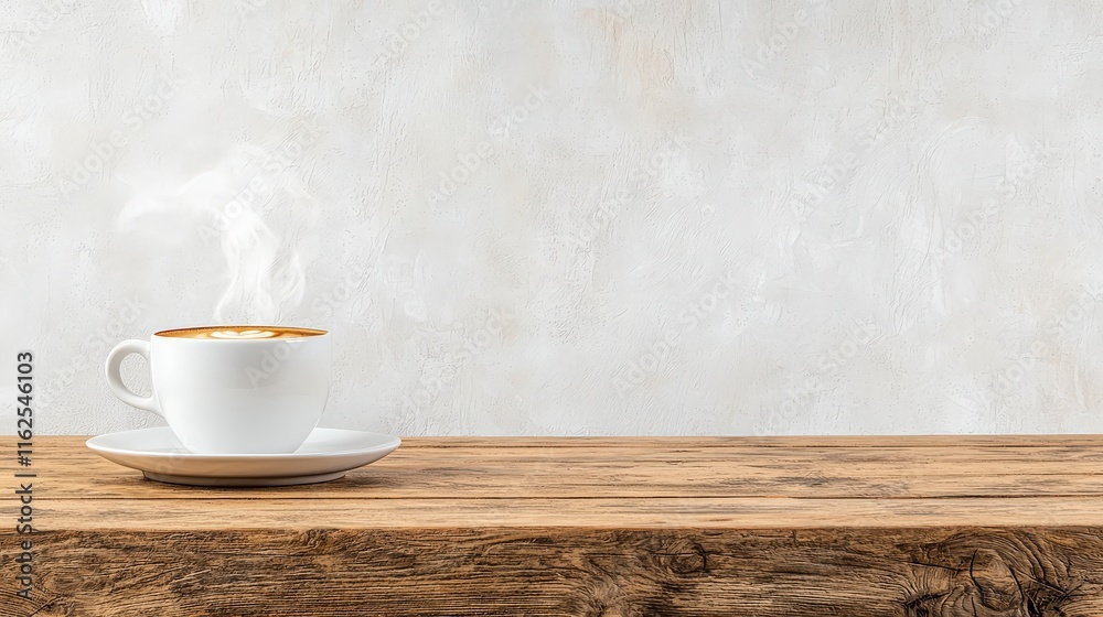 Hot Coffee Cup on Rustic Wooden Table with Steam Against Neutral Background Hot Coffee Cup on Rustic Wooden Table with Steam Against Neutral Background