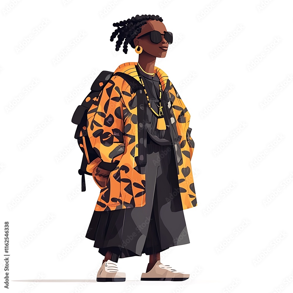 Stylish young Black woman with backpack wearing an orange and black patterned coat. Stylish young Black woman with backpack wearing an orange and black patterned coat.