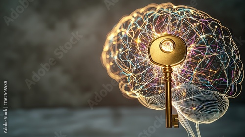 Creative Visuals Depicting Unlocking Talents and Abilities, a double exposure of a glowing golden key interwoven with vibrant threads of light emerging from a glowing human brain outline