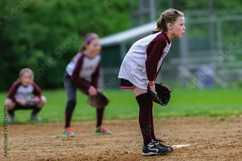 On a warm summer day, young girls play softball for a small town in Upstate NY.   photo