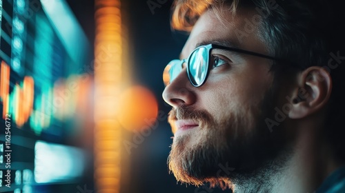 A man wearing glasses intently analyzes data on a computer screen, illuminated by reflections, representing focus and innovation in a tech-driven environment. photo