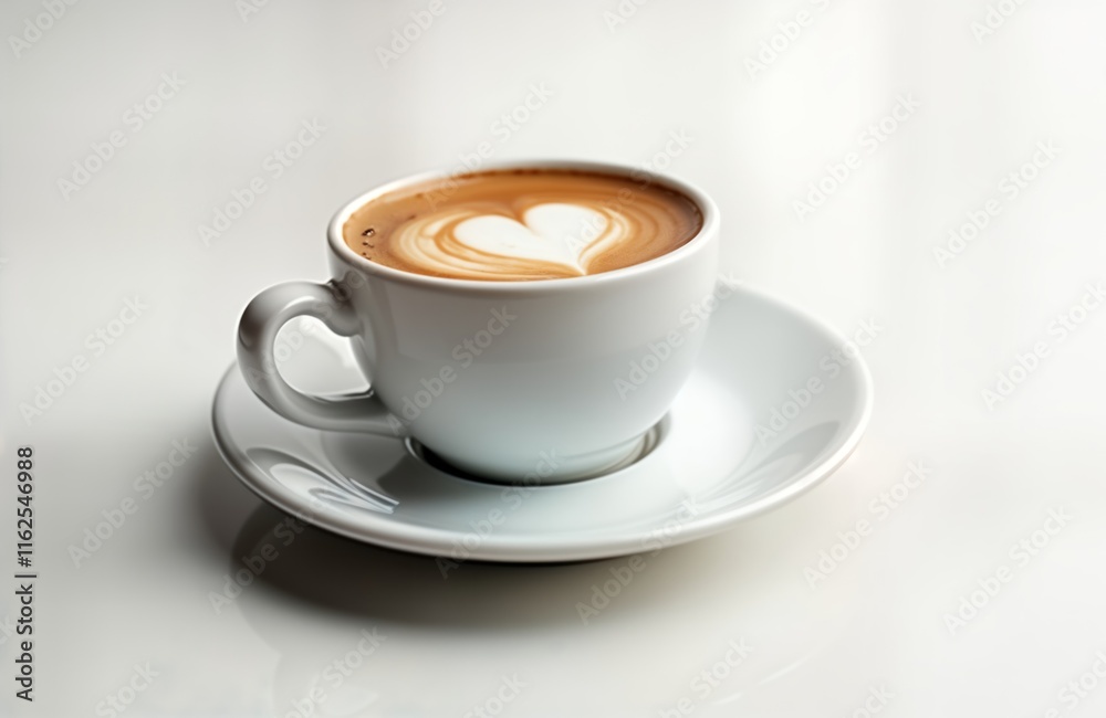 Elegant white ceramic coffee cup with latte art heart design. Simple, stylish tableware on white surface. Perfect for breakfast, cafes, morning beverage. Isolated image for food, drink print ads. Elegant white ceramic coffee cup with latte art heart design. Simple, stylish tableware on white surface. Perfect for breakfast, cafes, morning beverage. Isolated image for food, drink print ads.