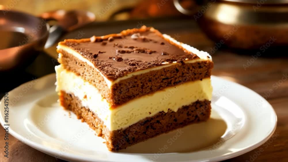 A slice of cake with a chocolate layer on top and a vanilla layer underneath. The cake is on a white plate and is sitting on a wooden table A slice of cake with a chocolate layer on top and a vanilla layer underneath. The cake is on a white plate and is sitting on a wooden table