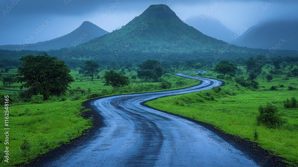 A winding road through lush green hills under a moody sky. A winding road through lush green hills under a moody sky.
