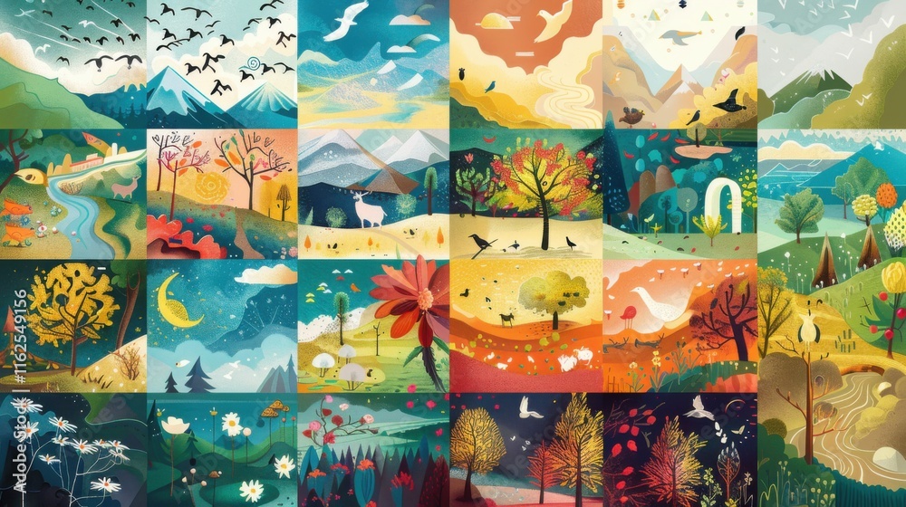Fototapeta premium A 2025 calendar with each month represented by unique and colorful illustrations of seasons and holidays.