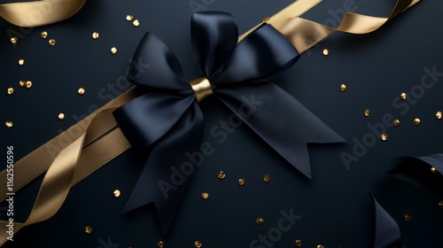 Elegant black and gold ribbon with confetti on dark background photo