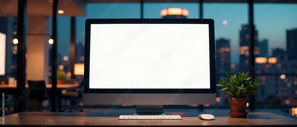 Modern Office Workspace - Empty White Screen Night City View Modern Office Workspace - Empty White Screen Night City View