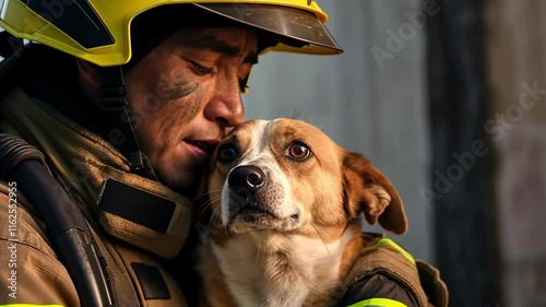 Dedicated firefighter comforting rescued dog reflects courage and compassion