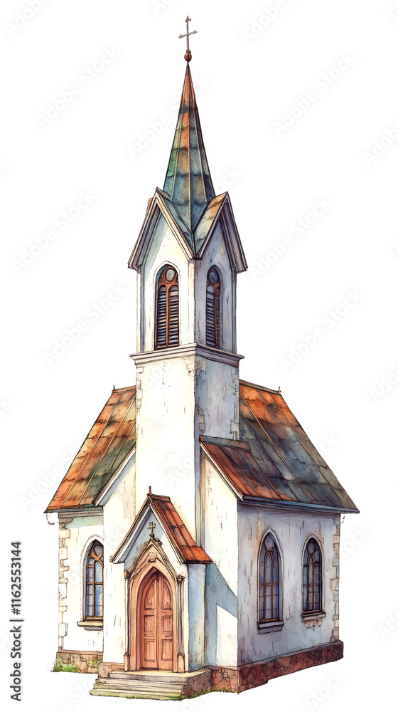 Hand-drawn watercolor illustration of a picturesque church building, isolated on a transparent background, perfect for religious or architectural projects Hand-drawn watercolor illustration of a picturesque church building, isolated on a transparent background, perfect for religious or architectural projects
