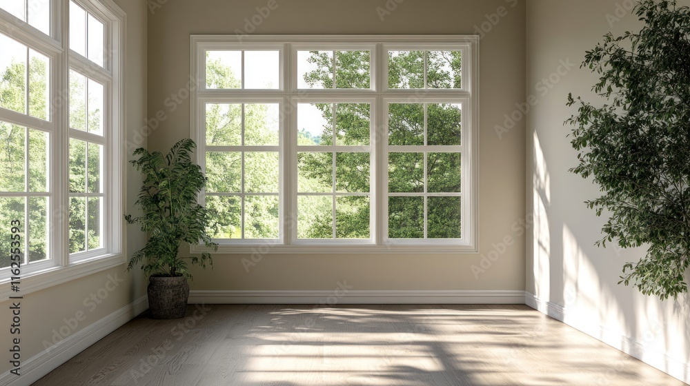 Fototapeta premium Sunlit Room with Large Windows and Greenery