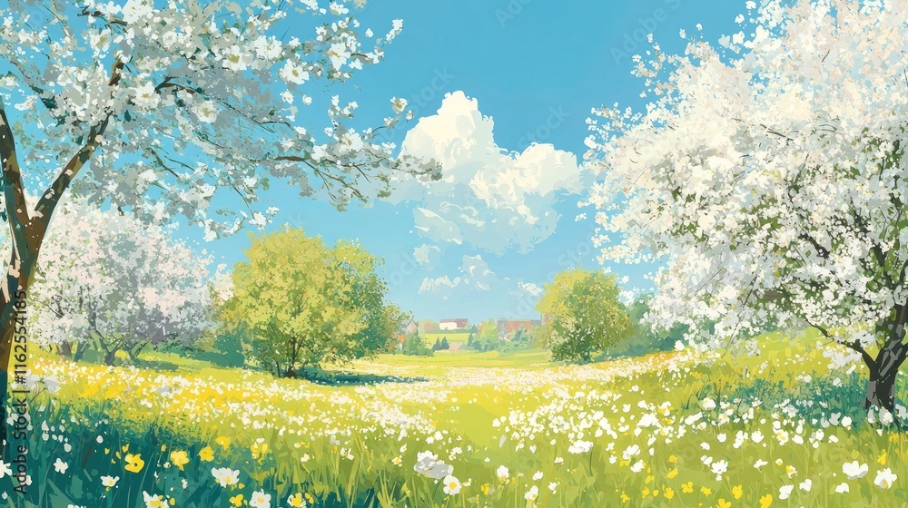 Fototapeta premium Springtime Blossoms and Flower Field Landscape