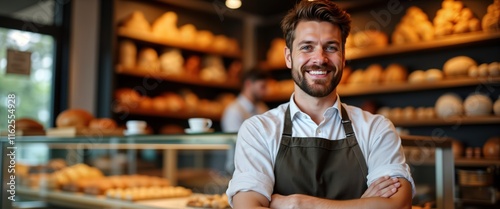 Fototapeta Naklejka Na Ścianę i Meble -  Friendly bakery owner smiles warmly. Small business entrepreneur stands proudly in shop. Many baked goods display. Warm, inviting atmosphere. Expert baker. Quality food products. Customer service